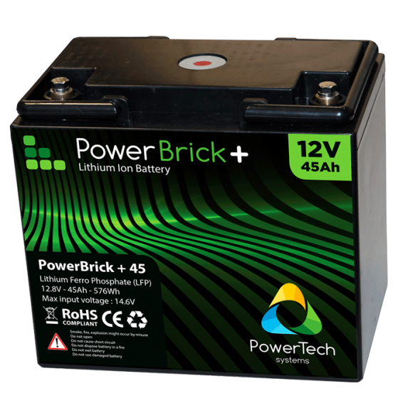 Batteria litio impermeabile PowerTeck Powerbrick + 12V 45Ah