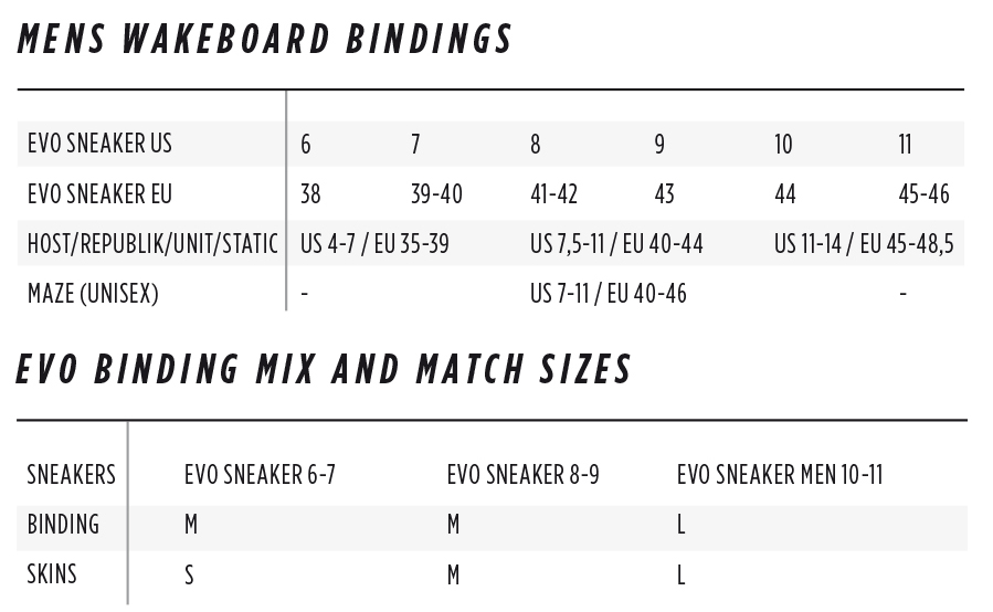 guide des tailles Tavola da wakeboard scarpe di sistema